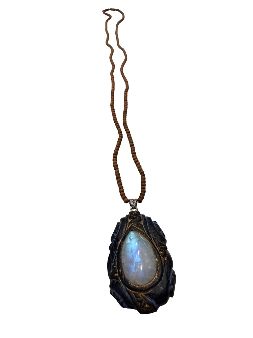 Moonstone Rhodochrosite dual carved Teardrop .925 Pendant Necklace sandalwood